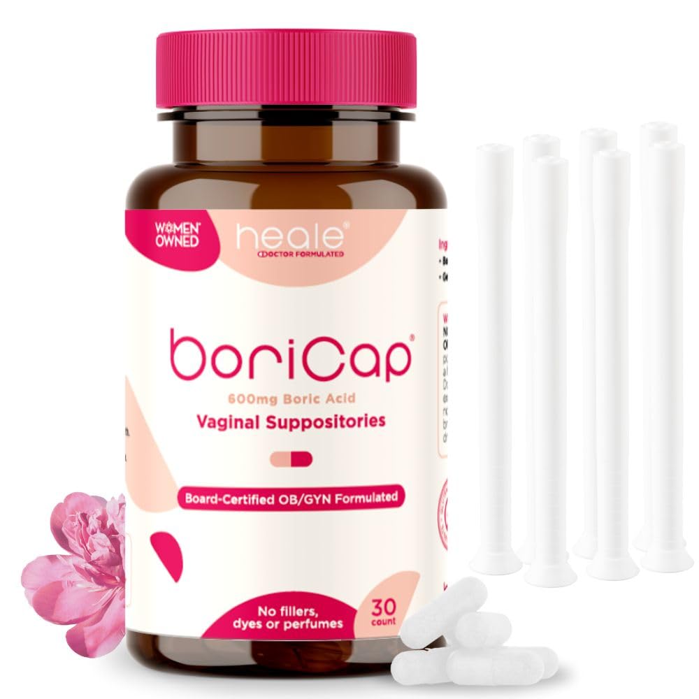 BoriCap Heale boric acid suppositories packaging shows 30-count box and USA-made label