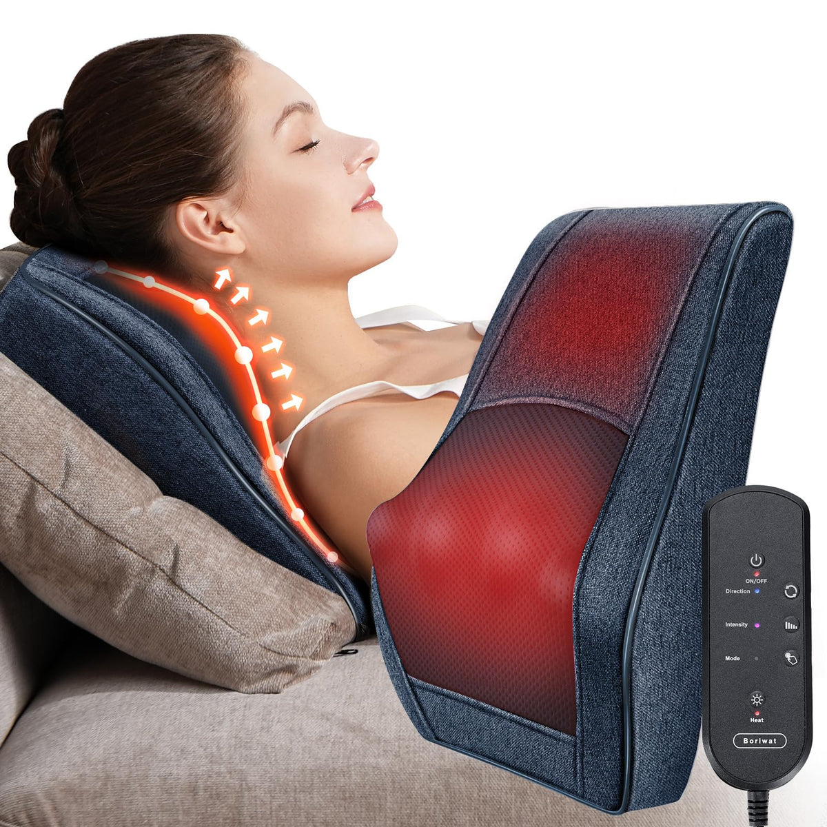 Boriwat back massager with heat remote in blue for targeted neck and back relief at home