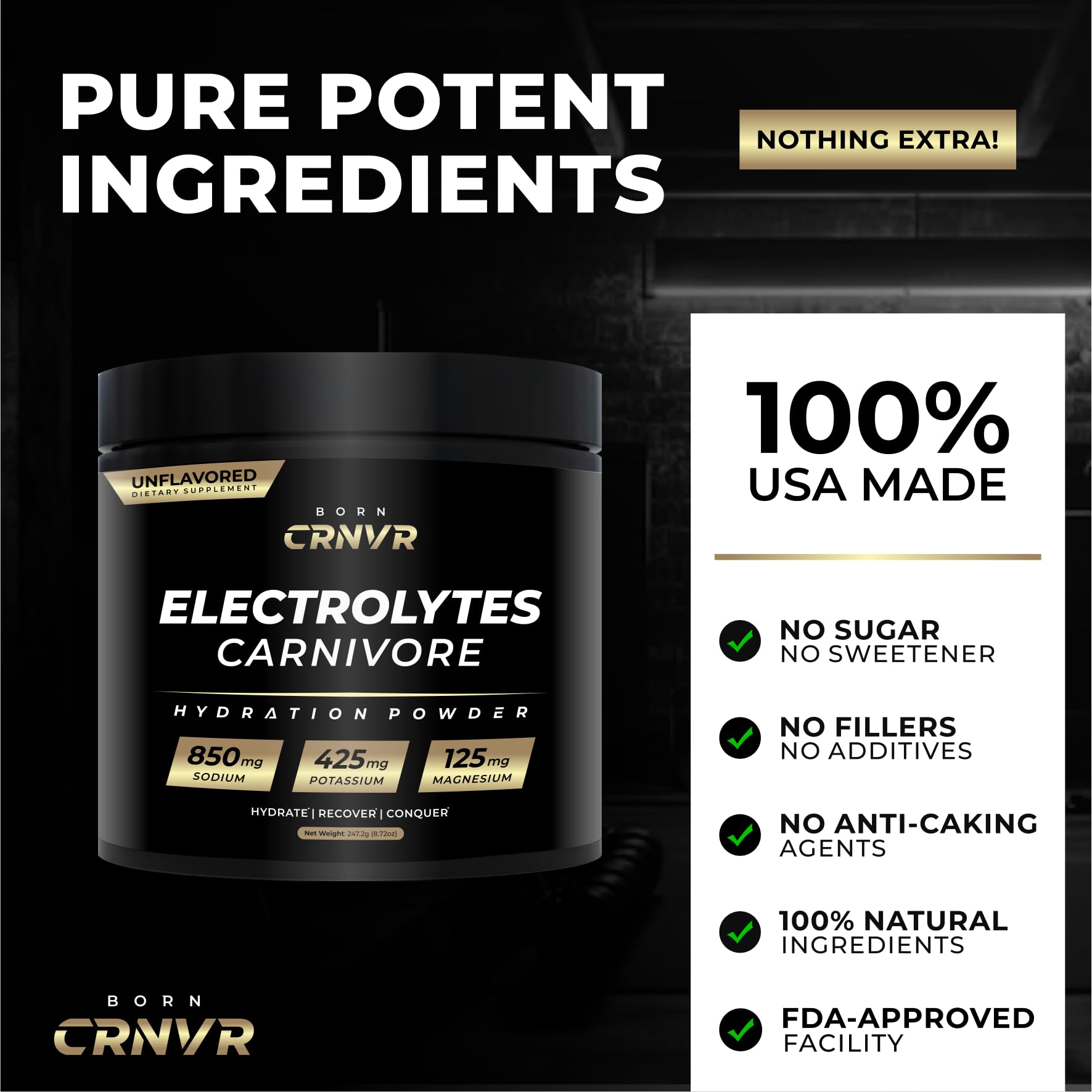 Electrolyte mix showing 2:1 sodium-to-potassium ratio for hydration support.