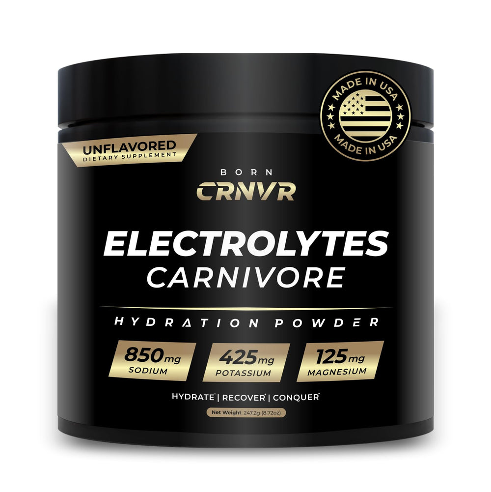 BORN CRNVR Carnivore Electrolytes bottle for clean hydration on a carnivore diet.