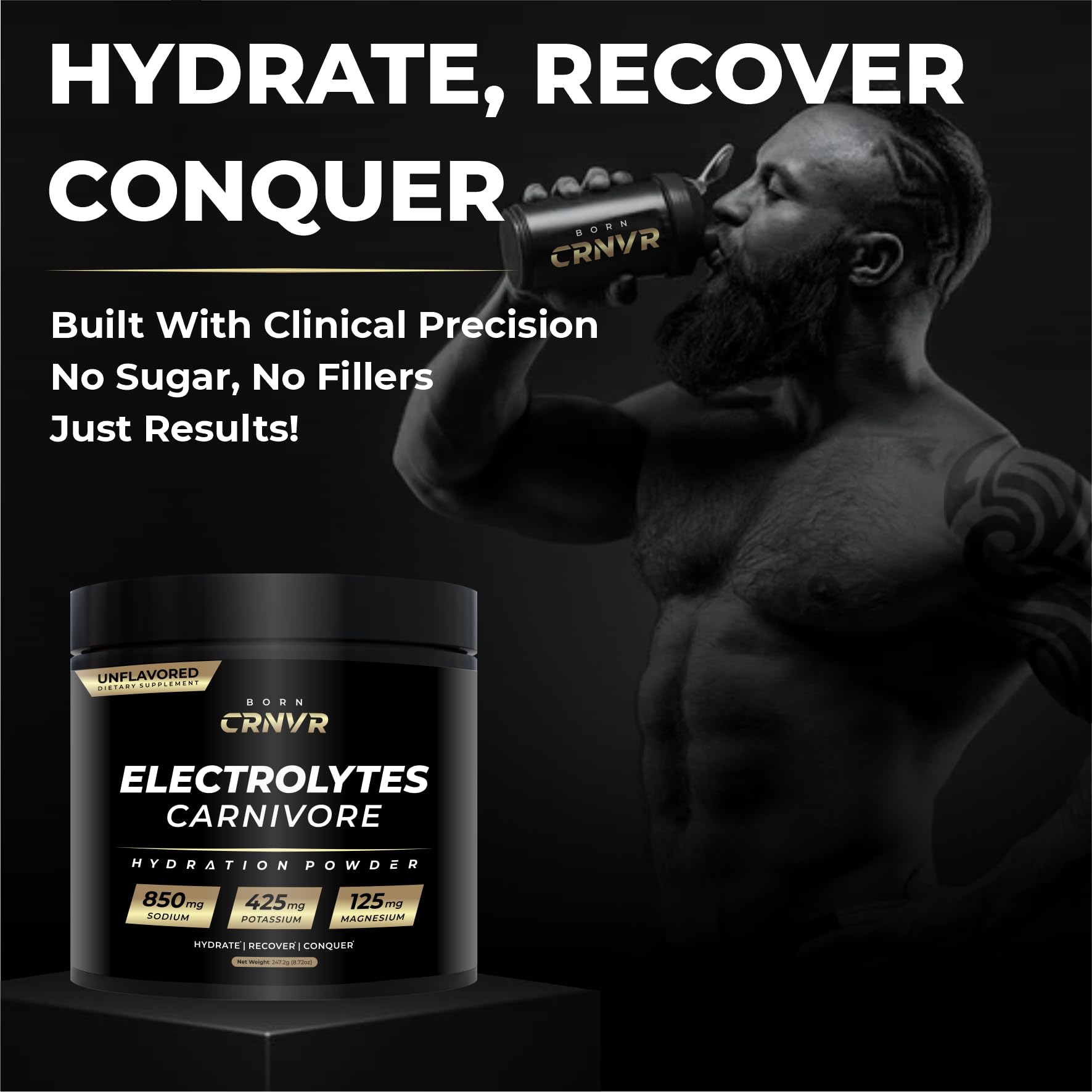 Stirring BORN CRNVR Carnivore Electrolytes powder into water for balanced minerals.