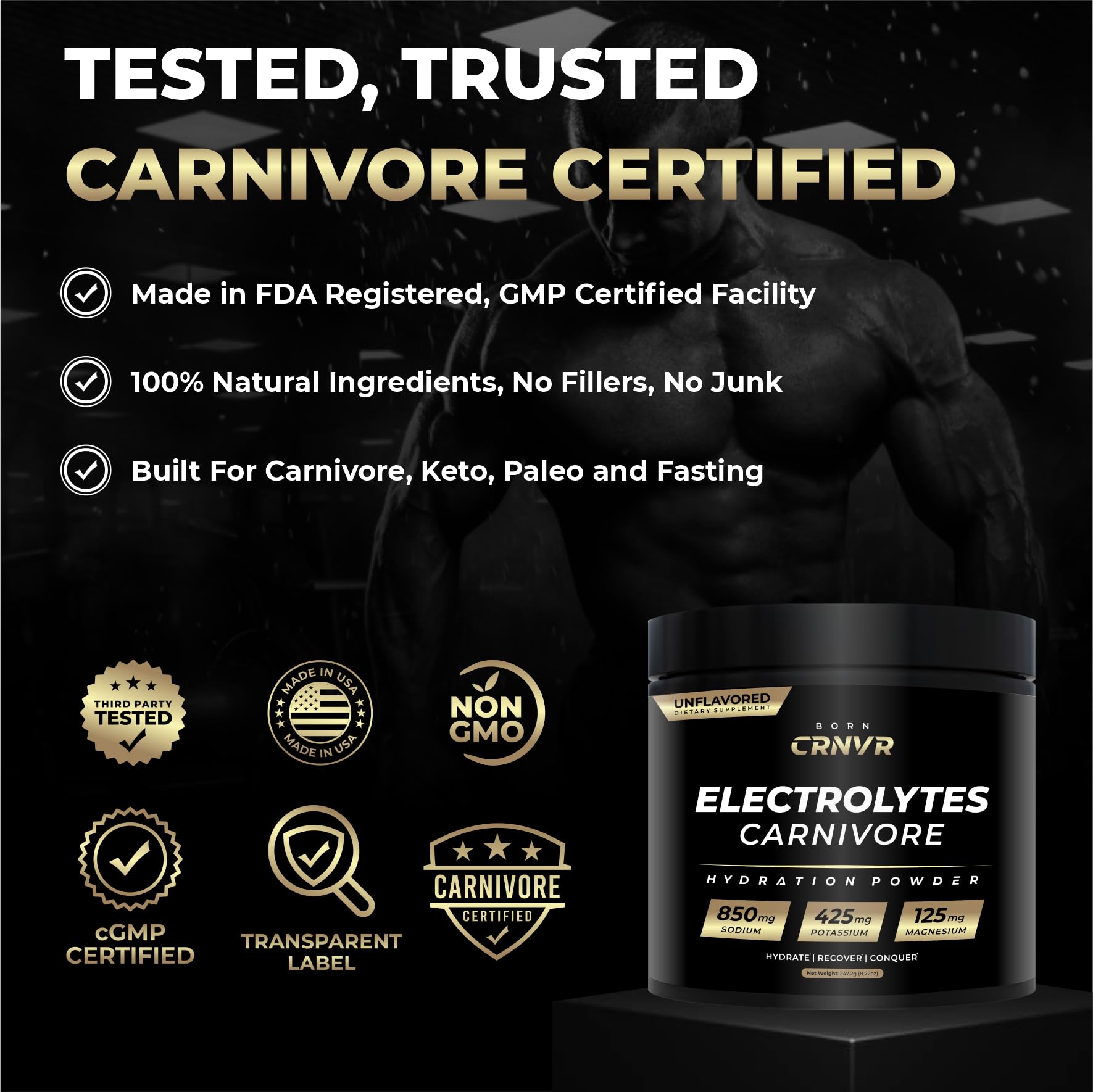 BORN CRNVR Carnivore Electrolytes unflavored powder blending into a beverage.