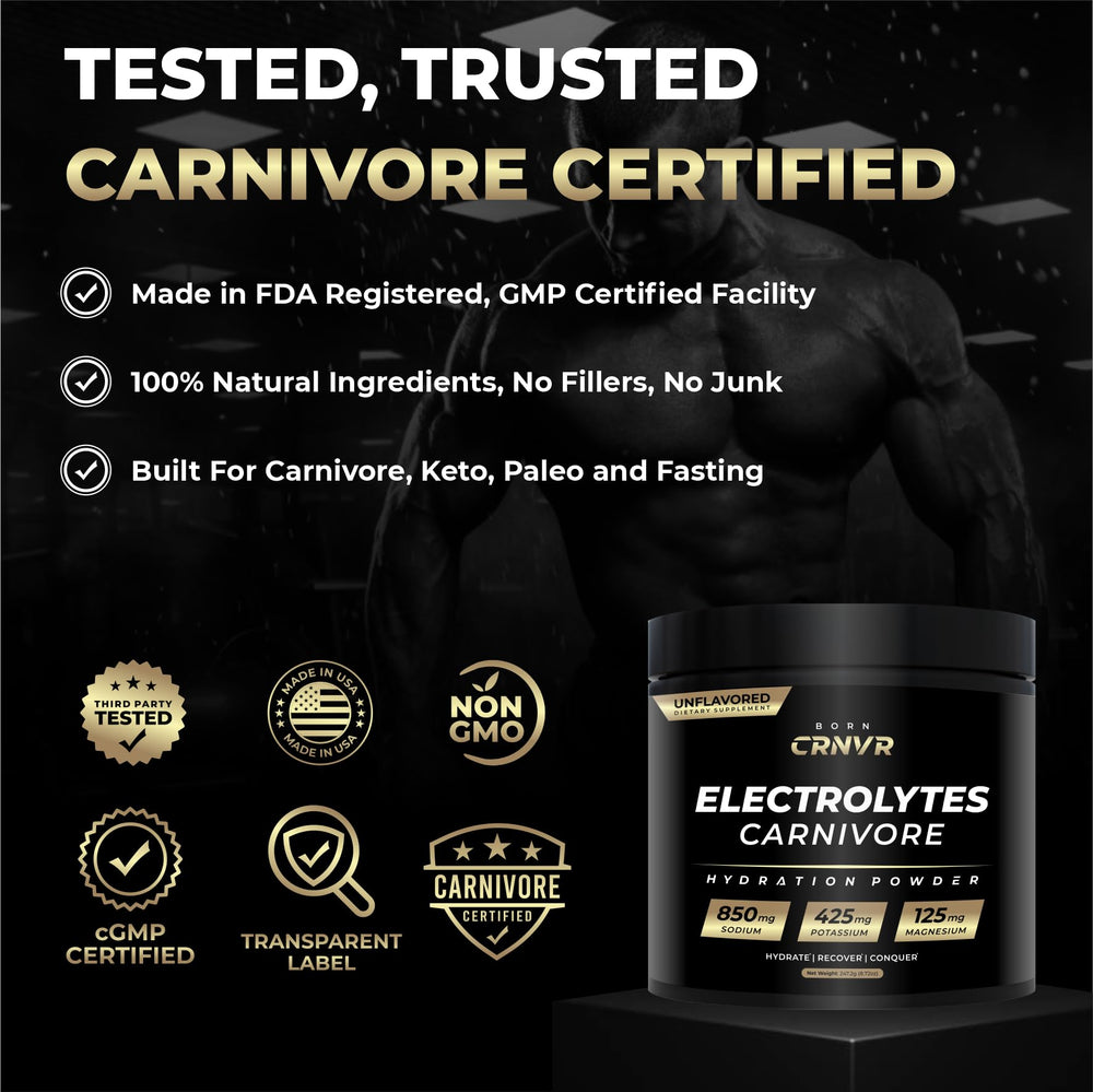 BORN CRNVR Carnivore Electrolytes unflavored powder blending into a beverage.