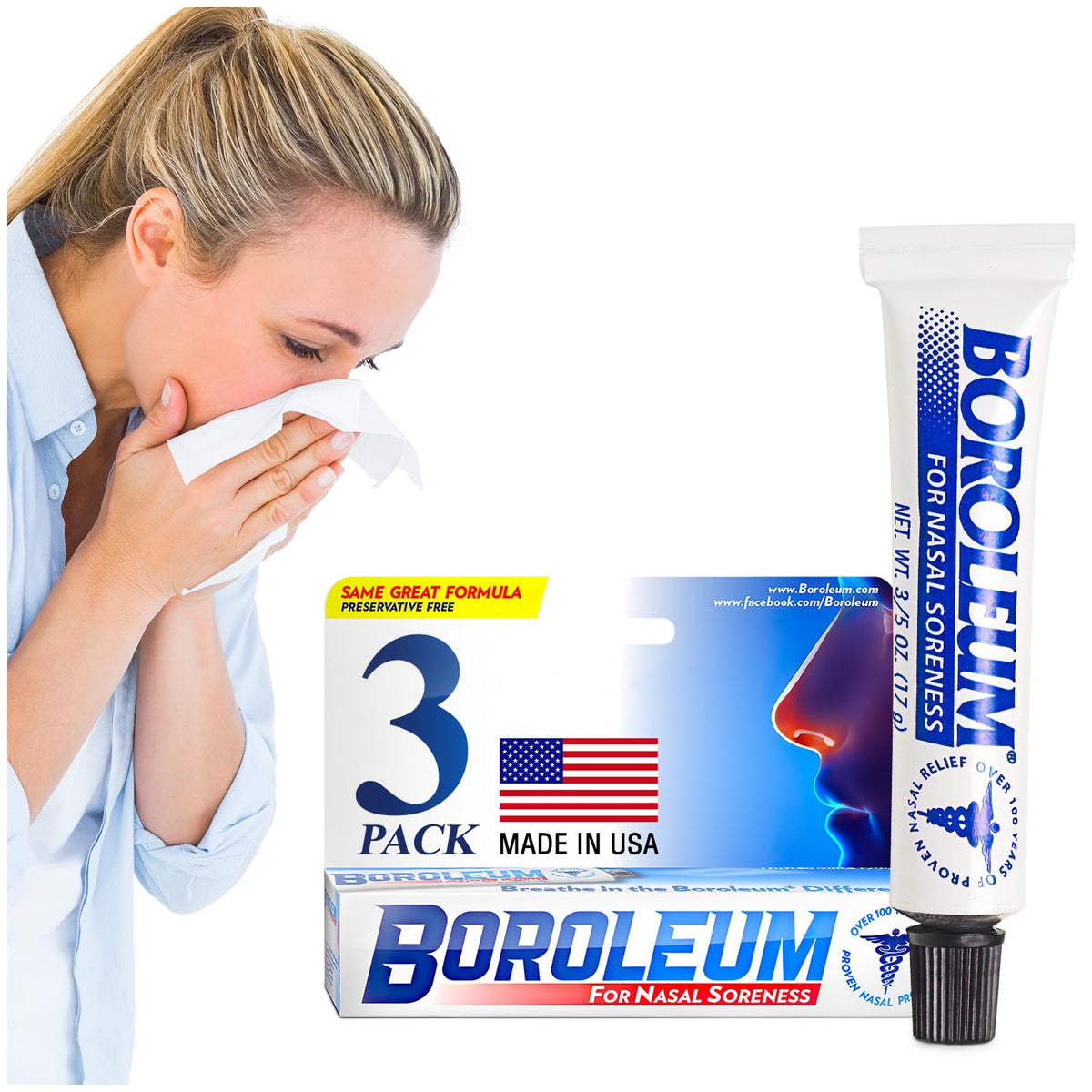 Boroleum dry-relief nasal balm bottle showing soothing relief for irritated noses.