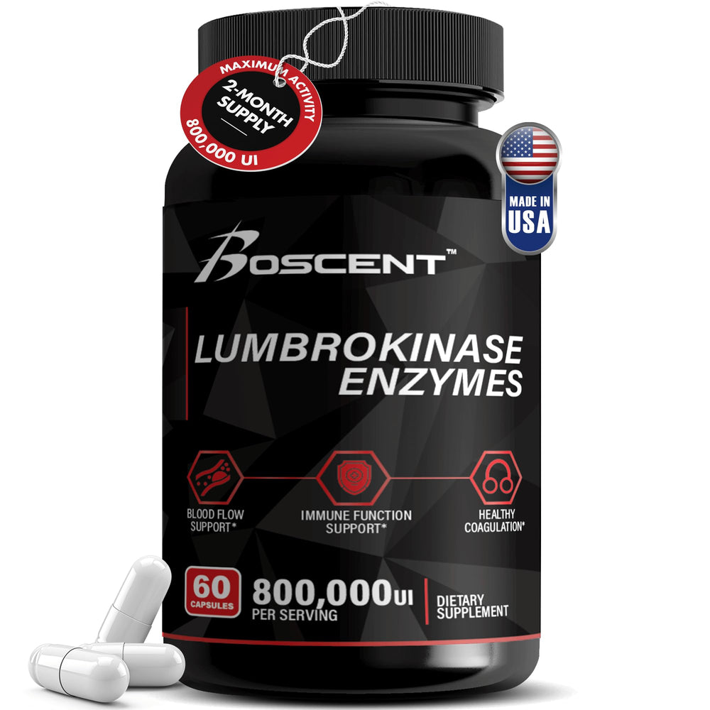 Boscent Lumbrokinase bottle label with dosage reference and quality cues.