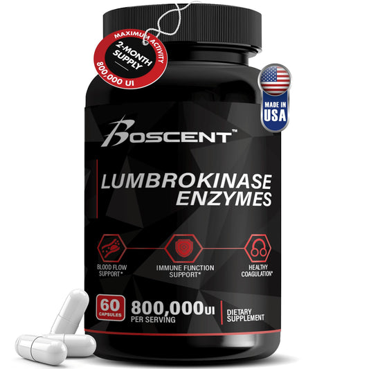 Boscent Lumbrokinase bottle label with dosage reference and quality cues.