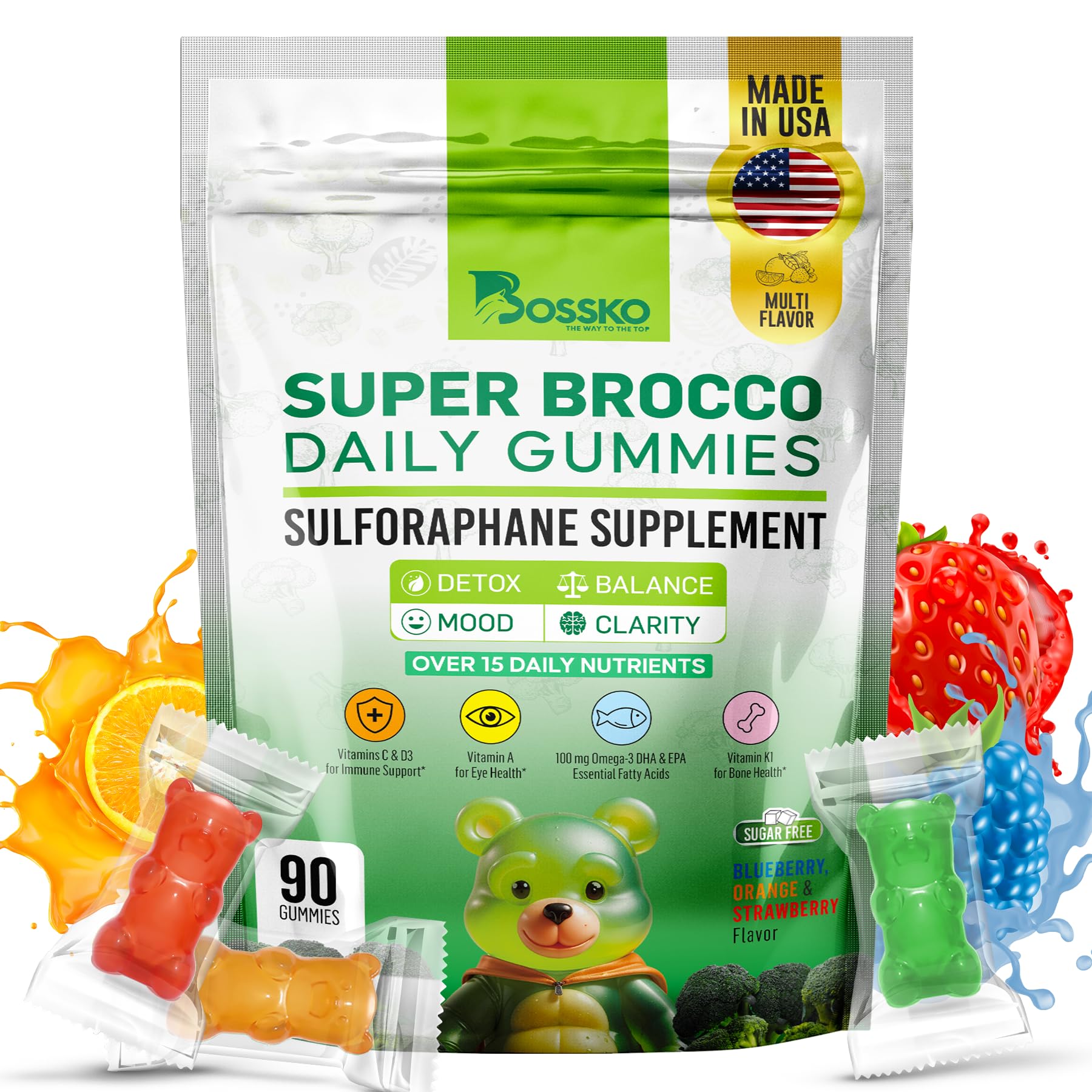 Bossko sulforaphane gummies bottle showing a wellness boost and daily habit