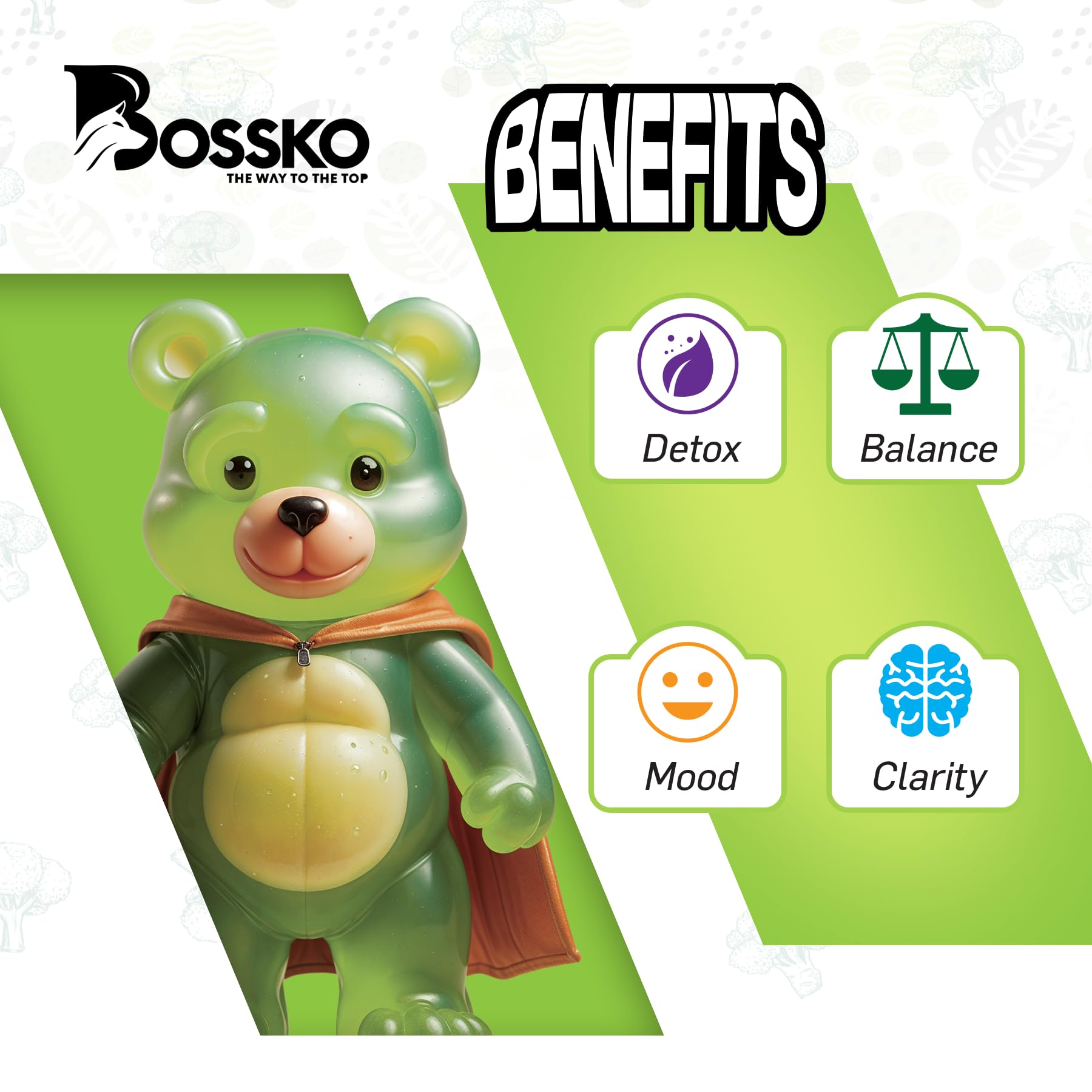 Bossko sulforaphane gummies sugar-free label highlights zero added sugar in formula