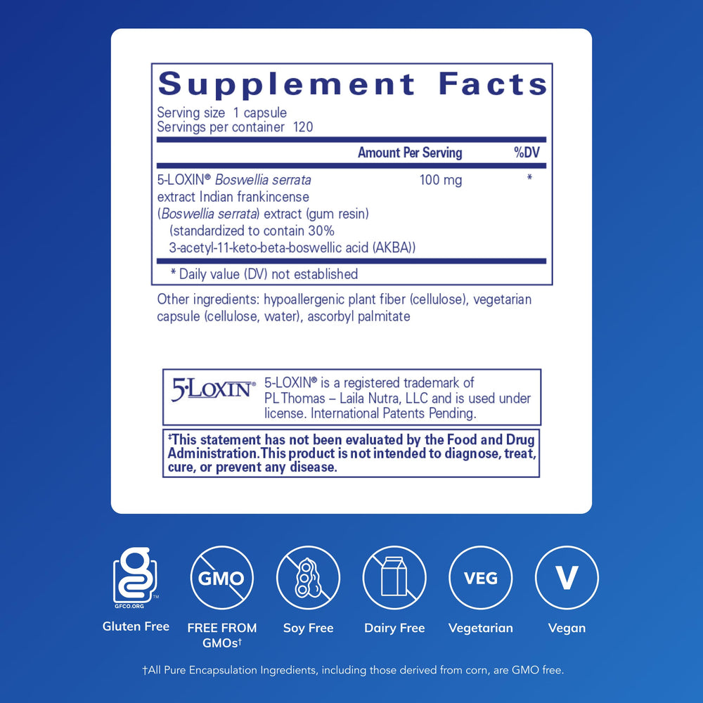 Boswellia AKBA capsules closeup highlighting 5-LOXIN formulation for GI health