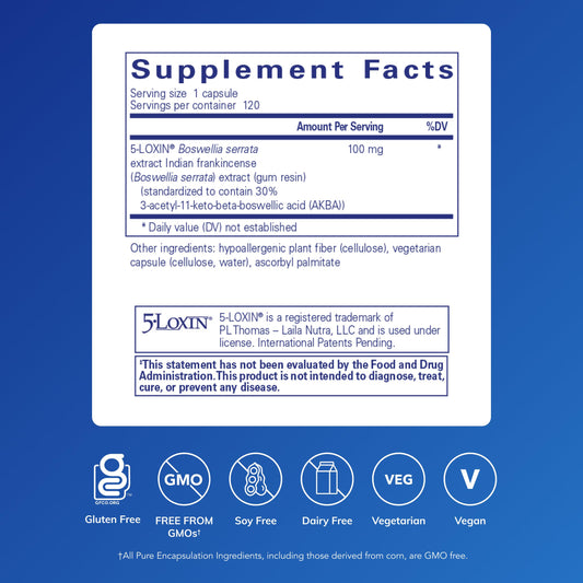 Boswellia AKBA capsules closeup highlighting 5-LOXIN formulation for GI health