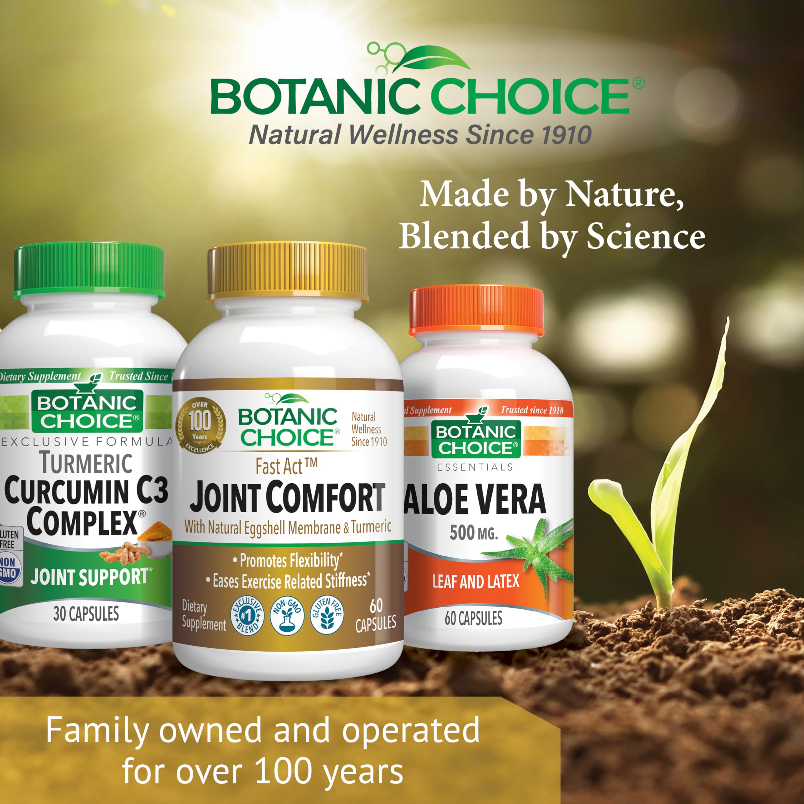 Botanic Choice Fast Act Joint Comfort close-up text emphasizes natural ingredients.