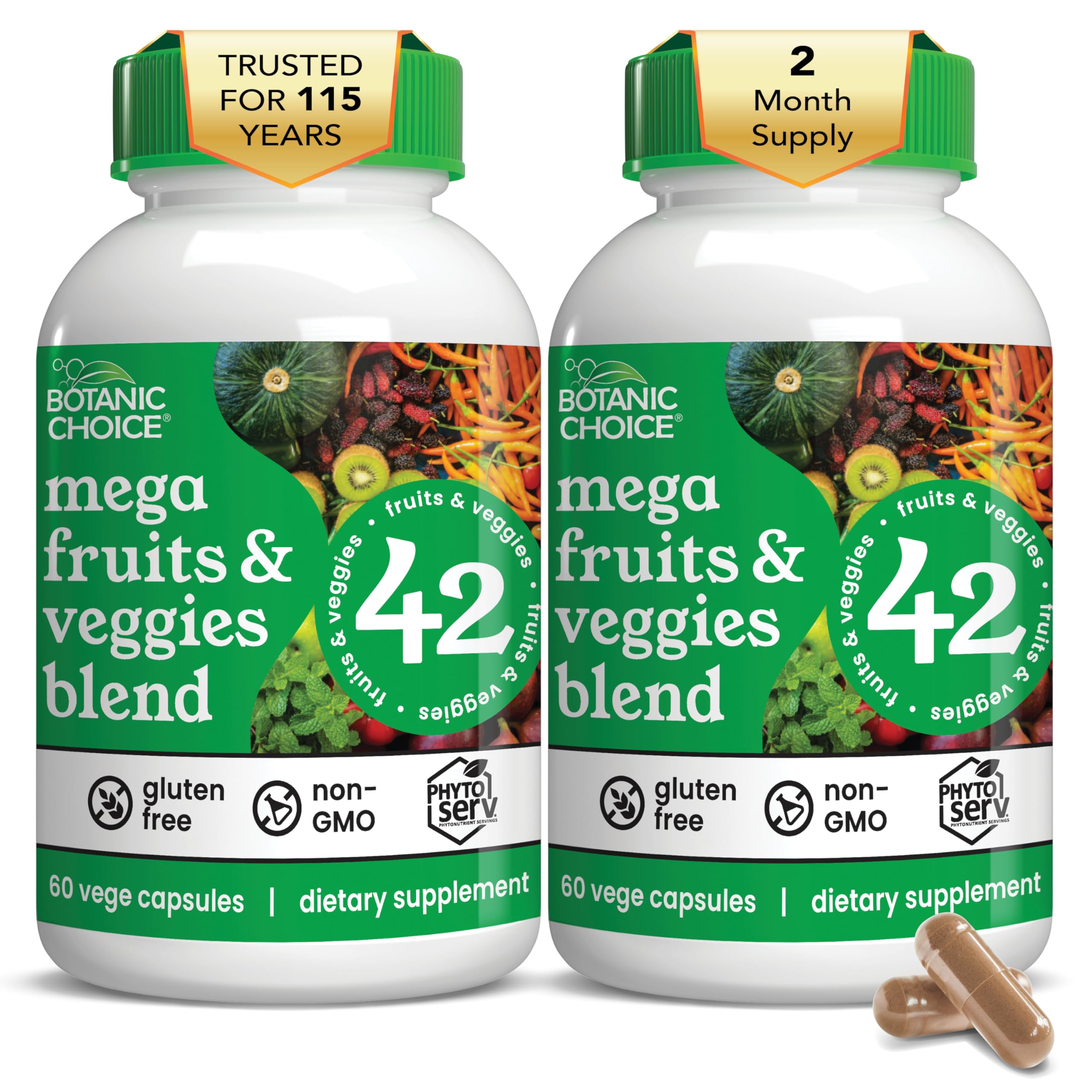 Botanic Choice Mega Fruits & Veggies bottle shows a broad daily antioxidant blend.