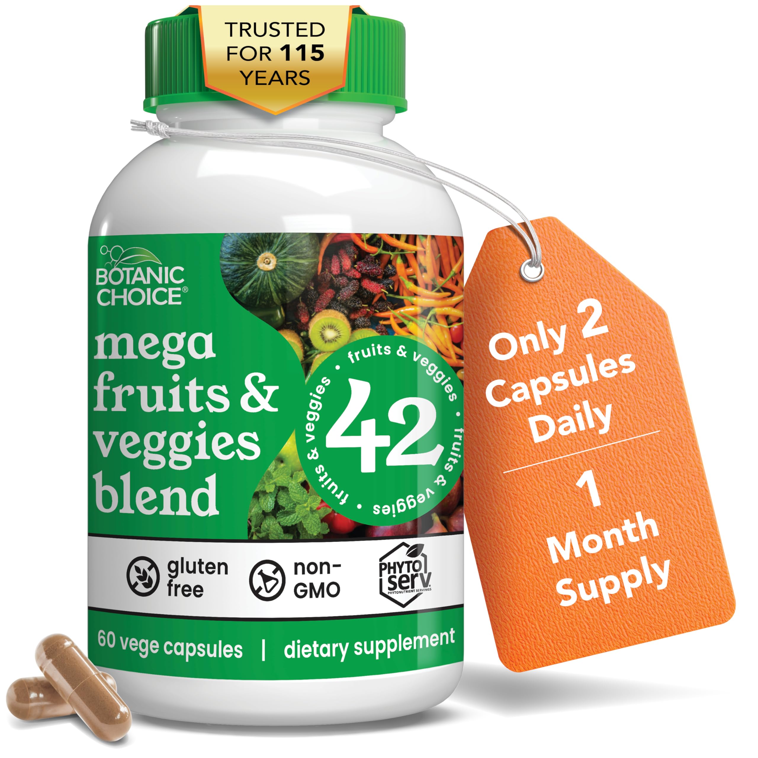 Botanic Choice Mega Fruits and Veggies bottle showcases the variety for daily nutrition.