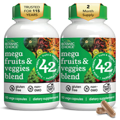 Botanic Choice Mega Fruits & Veggies bottle shows a broad daily antioxidant blend.