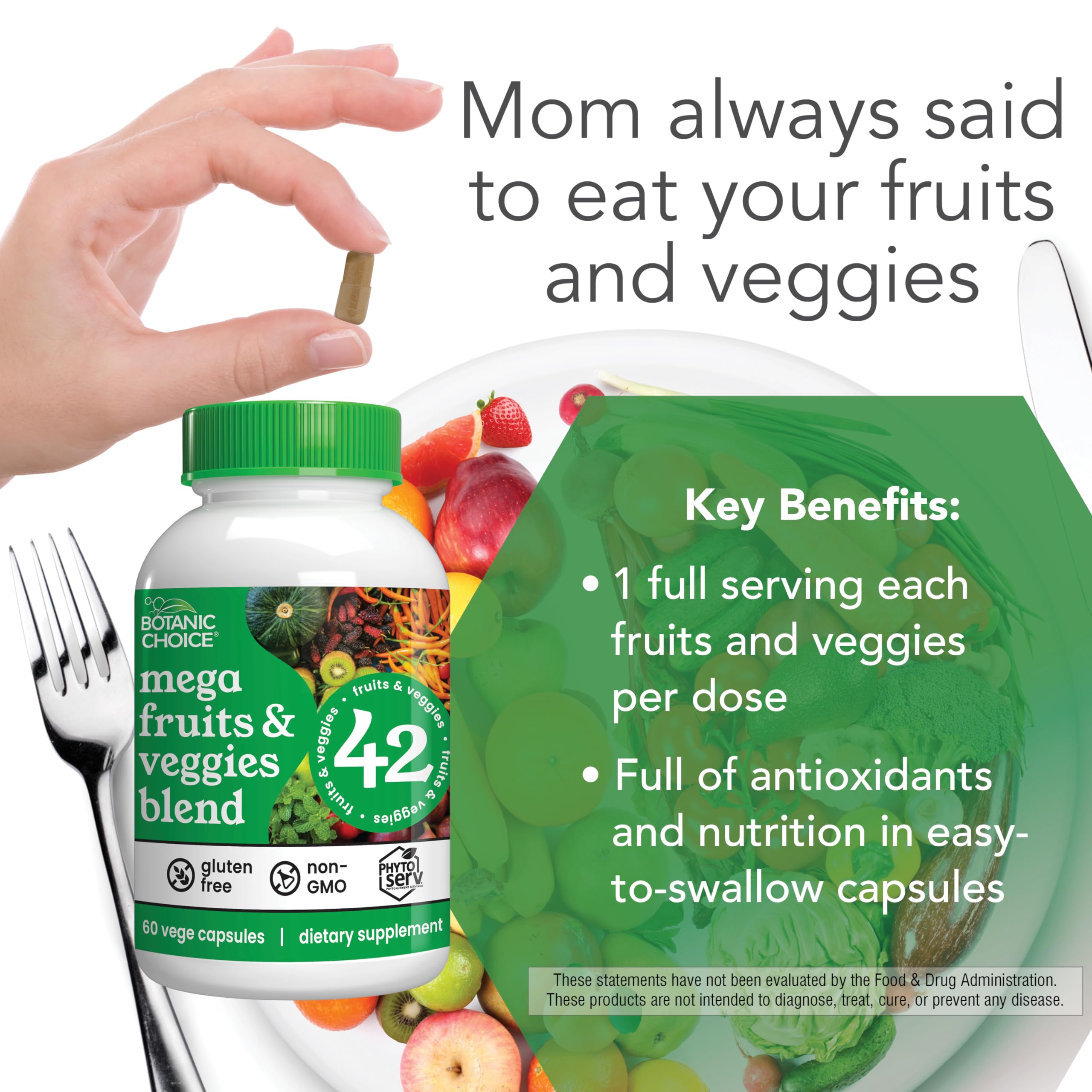 Botanic Choice Mega Fruits & Veggies ingredients list emphasizes 42 fruits and vegetables.