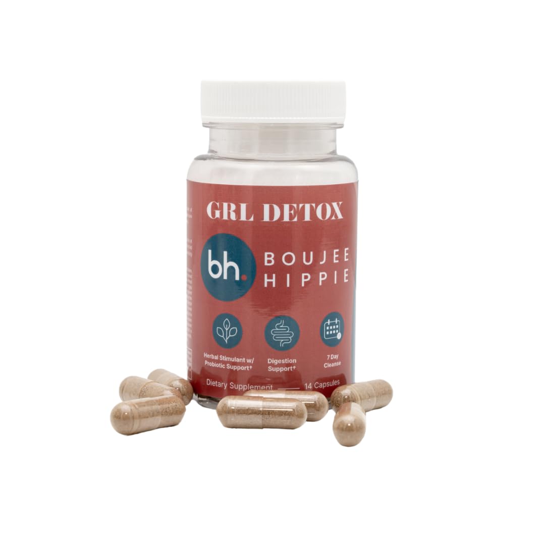 Boujee Hippie GRL Detox bottle with a glass of water for convenient use.
