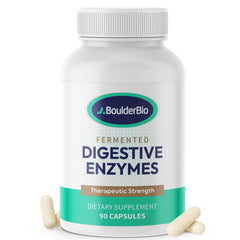 Boulder Bio Digestive Enzymes bottle front showing high potency for fat digestion.