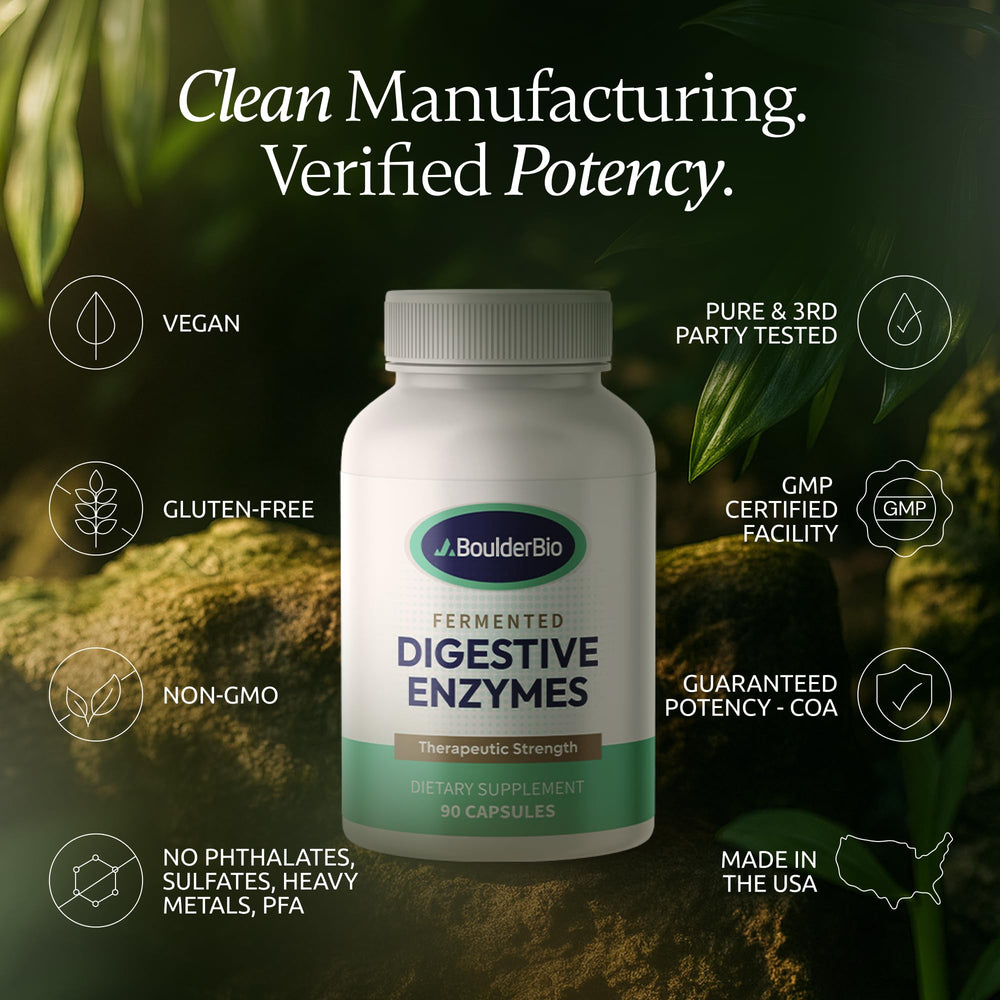 Boulder Bio Digestive Enzymes bottle and seal conveying stability and reliable sourcing.