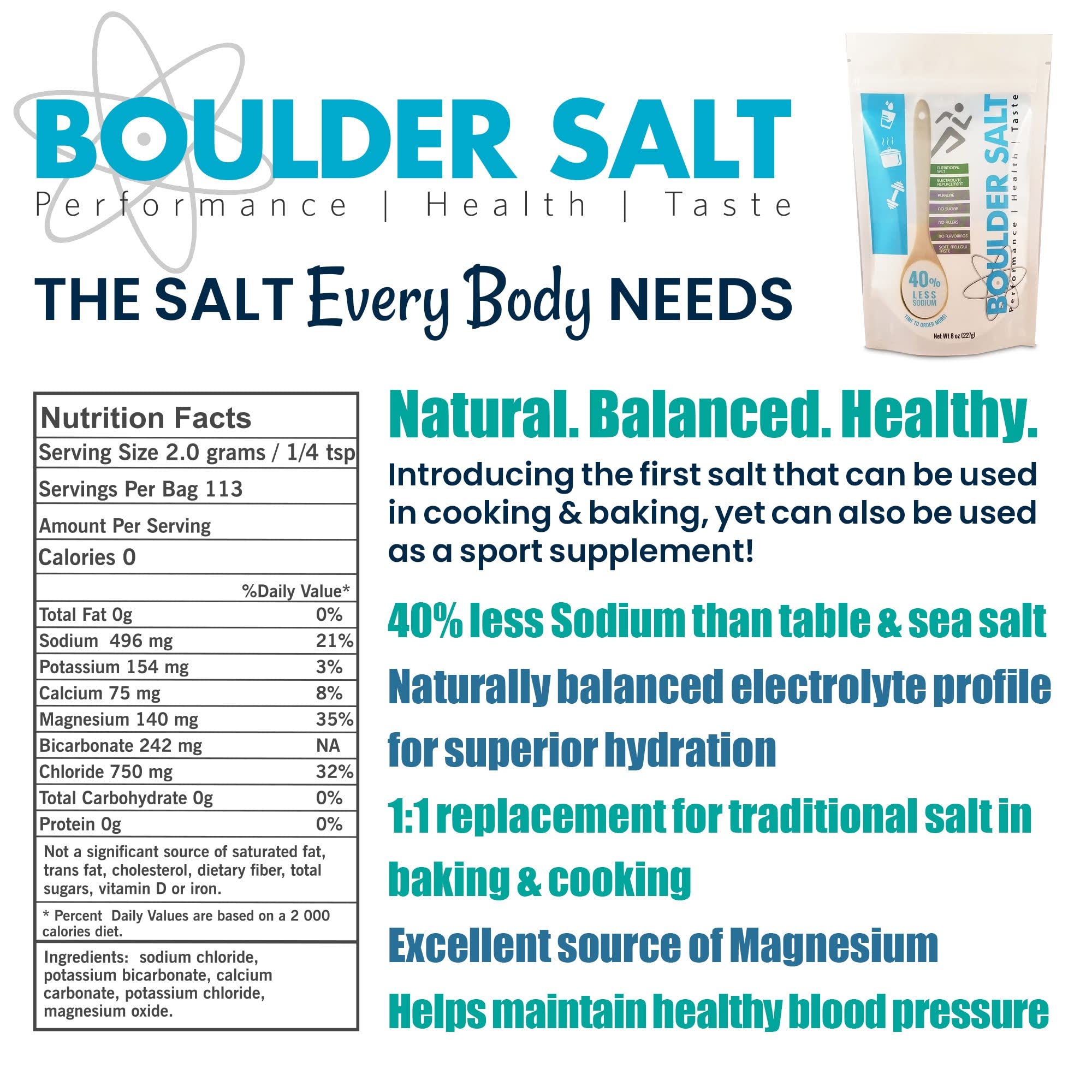 Nutrition panel on Boulder Salt label reveals minerals with no sugar