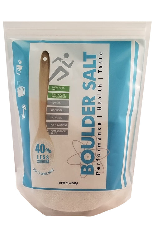 Boulder Salt bottle label highlights a low-sodium electrolyte blend for hydration and flavor