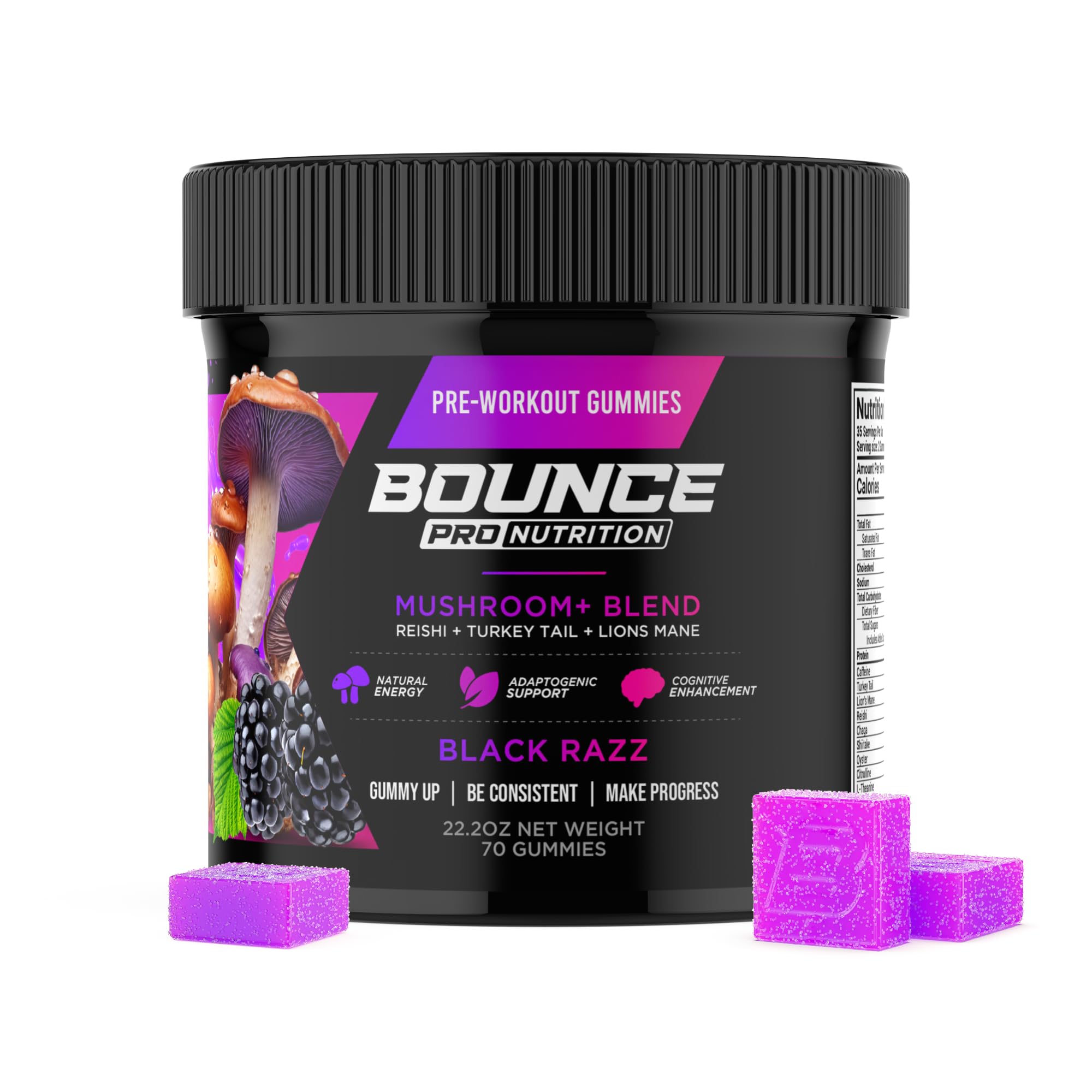 Bounce Pro Pre Workout Gummies Black Razz bottle for energy before training.