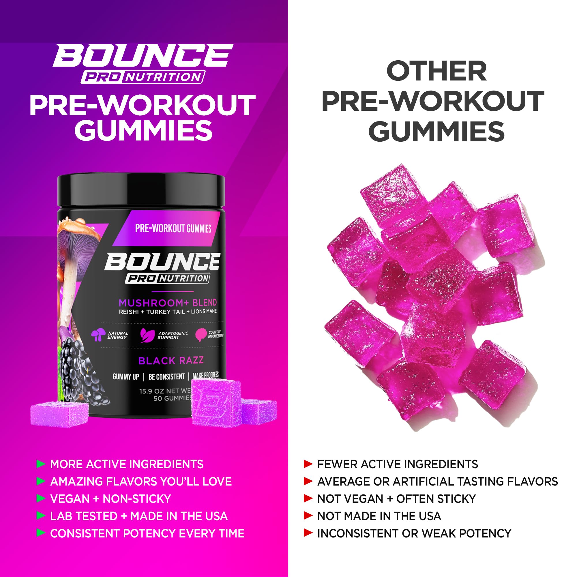 Product label highlights vegan, gluten-free, and non-GMO Bounce Pro gummies.