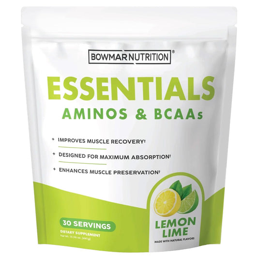 Bowmar Nutrition Essentials bottle front with lemon-lime flavor for post-workout recovery.