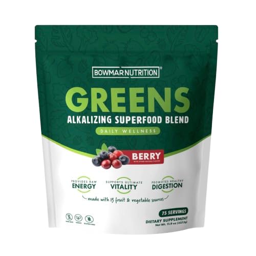 Bowmar Nutrition Greens powder being poured into a glass, showcasing easy mixability.