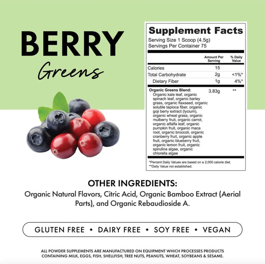 Bowmar Nutrition Greens scoop ready to mix into a shake for daily nourishment.
