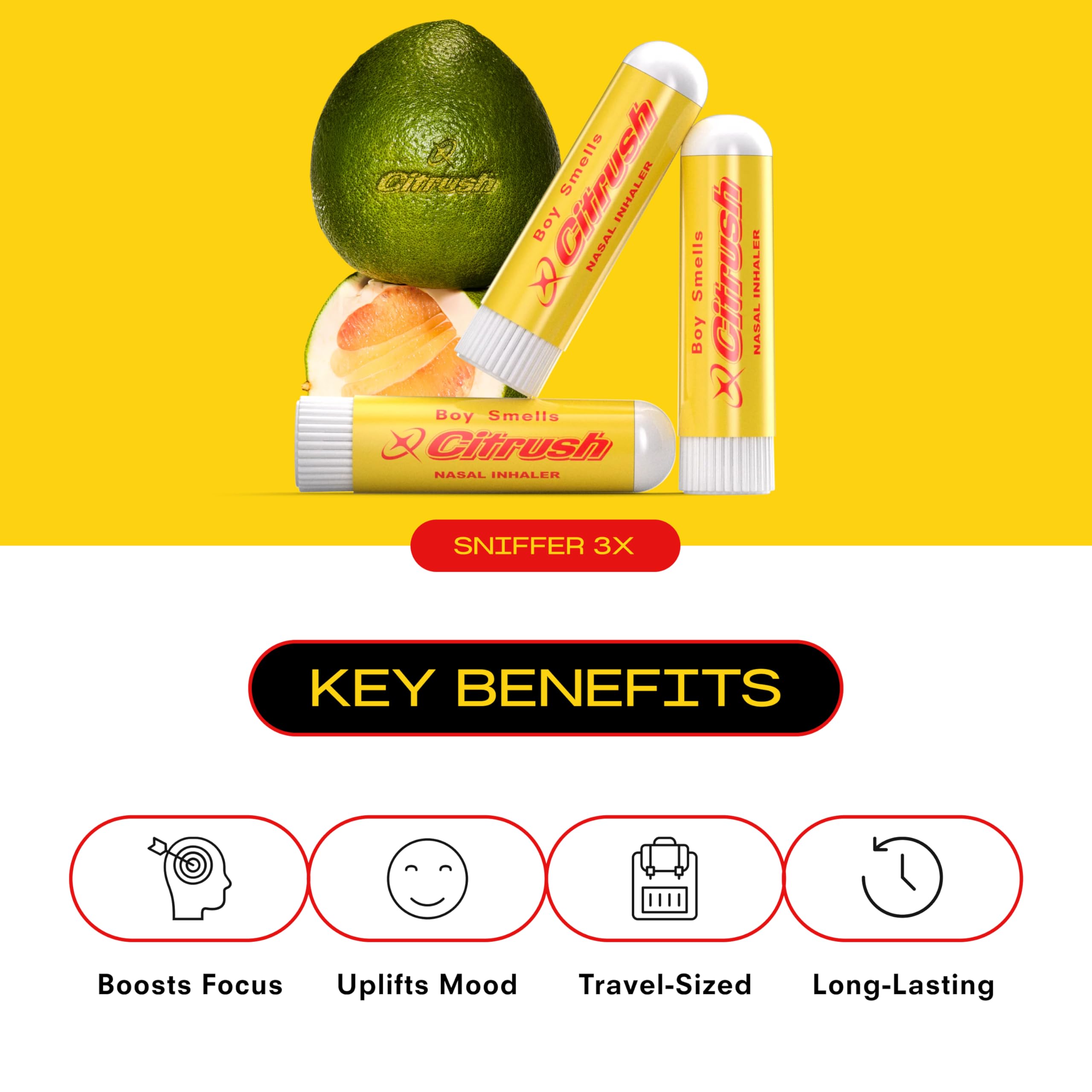 Boy Smells Citrus Sniffer nasal stick application for quick aroma ritual.