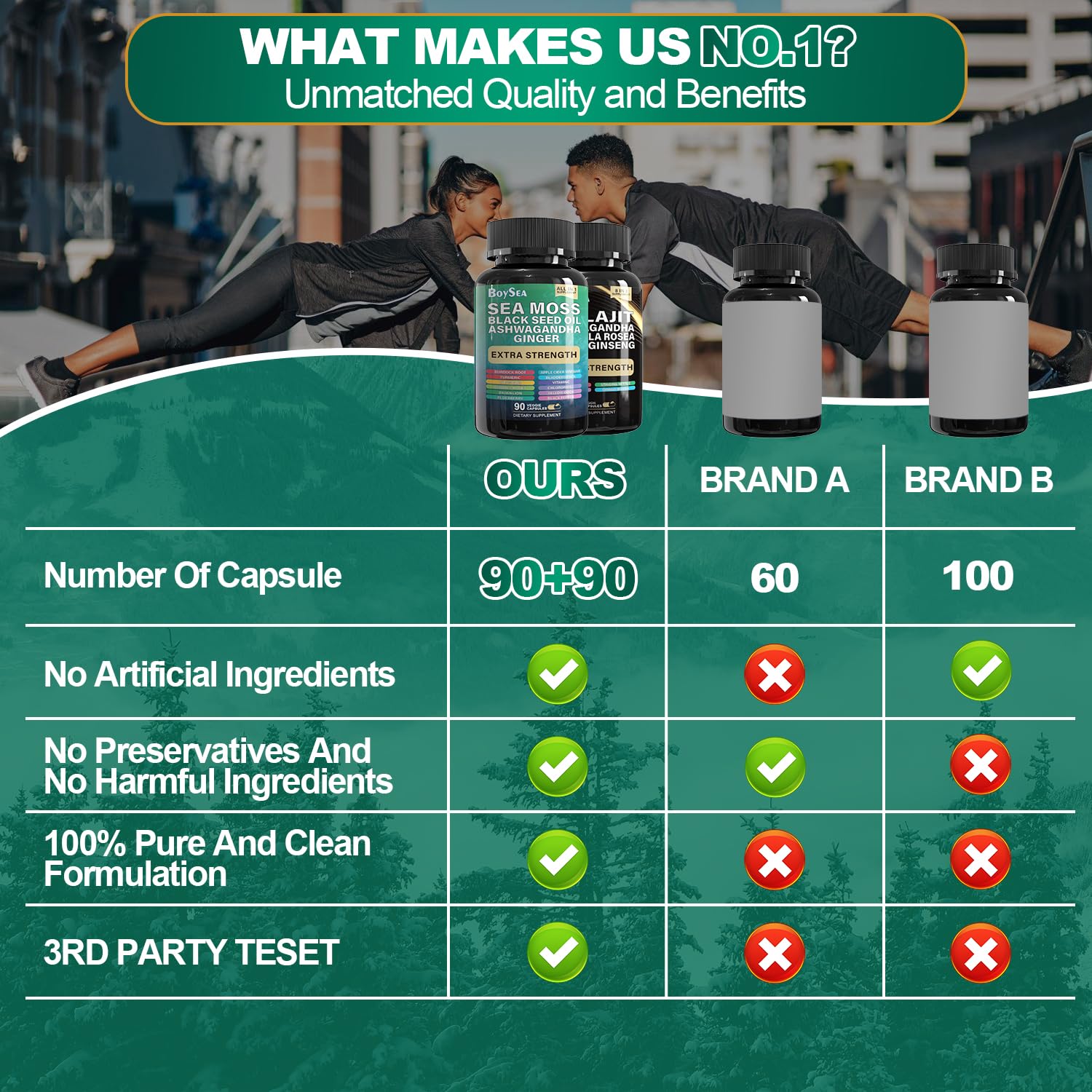 Illustration of Boysea Sea Moss capsules with leafy ingredients and 15-plus components