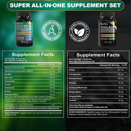 Close-up of Boysea Shilajit Sea Moss capsules emphasizing 90-count formula for vitality