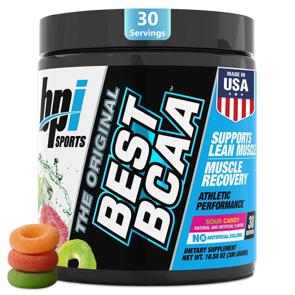 BPI Sports Best BCAA scoop in Sour Candy flavor ready for pre-workout use