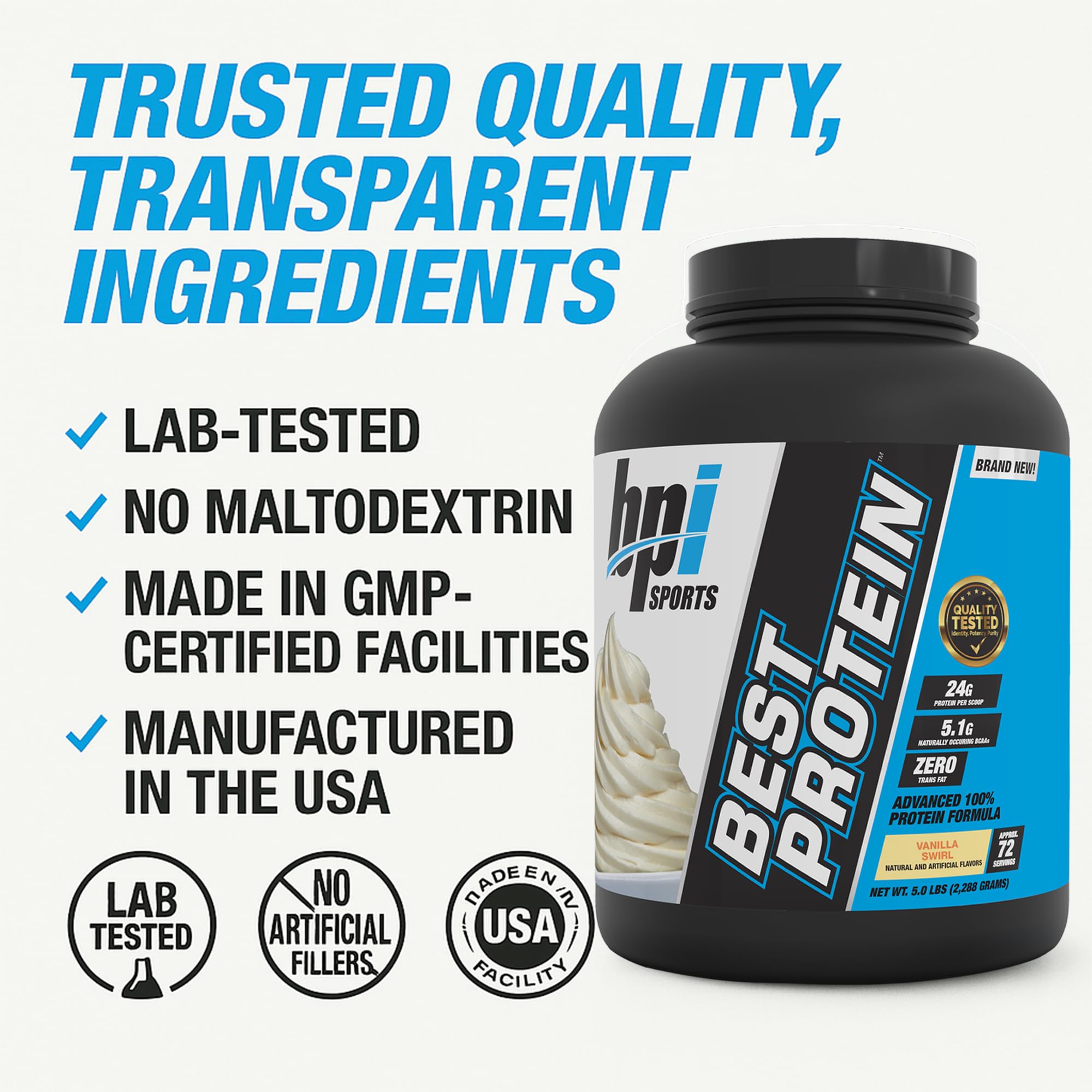 BPI Sports Best Protein nutrition label close-up communicates 24g per scoop.
