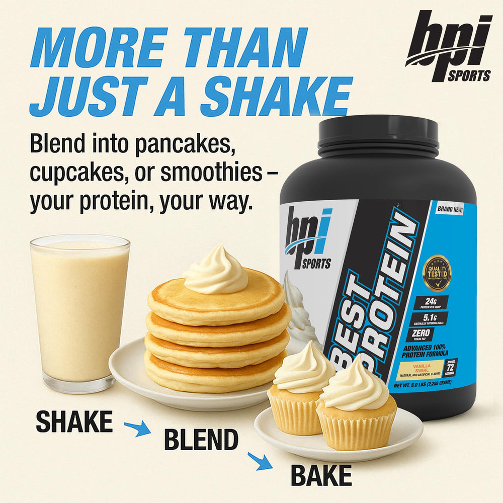 BPI Sports Best Protein glass of shake shows easy prep and creamy vanilla.