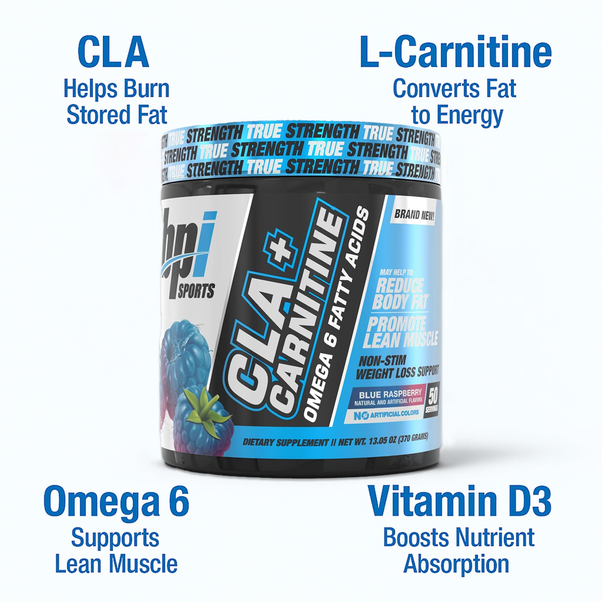 BPI Sports CLA+Carnitine blue raspberry flavor close-up.