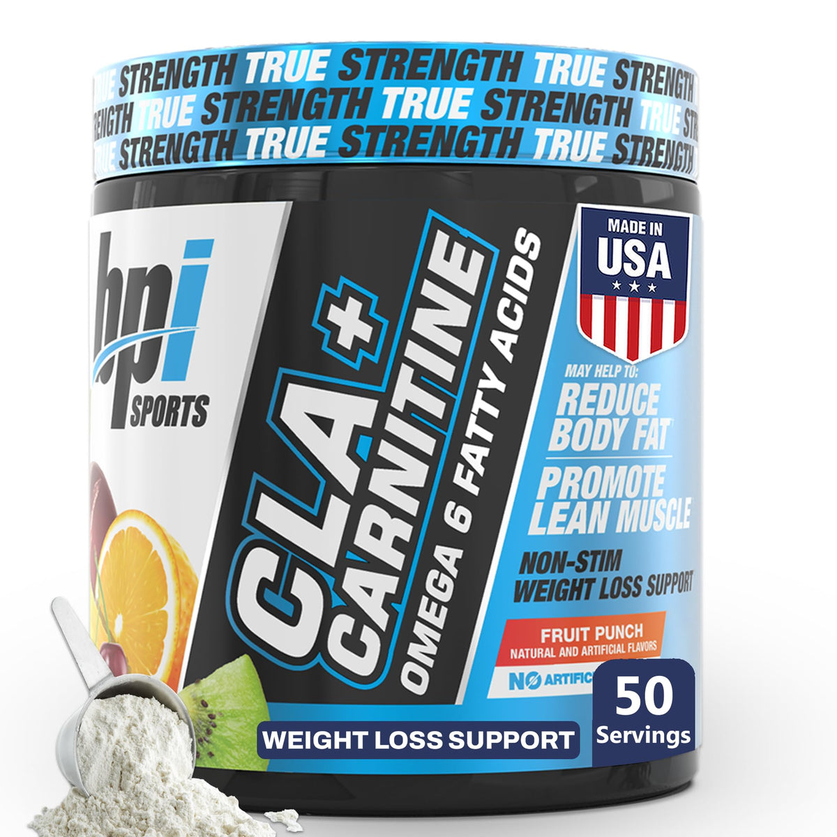 BPI Sports CLA + Carnitine bottle front shows stimulant-free energy support.