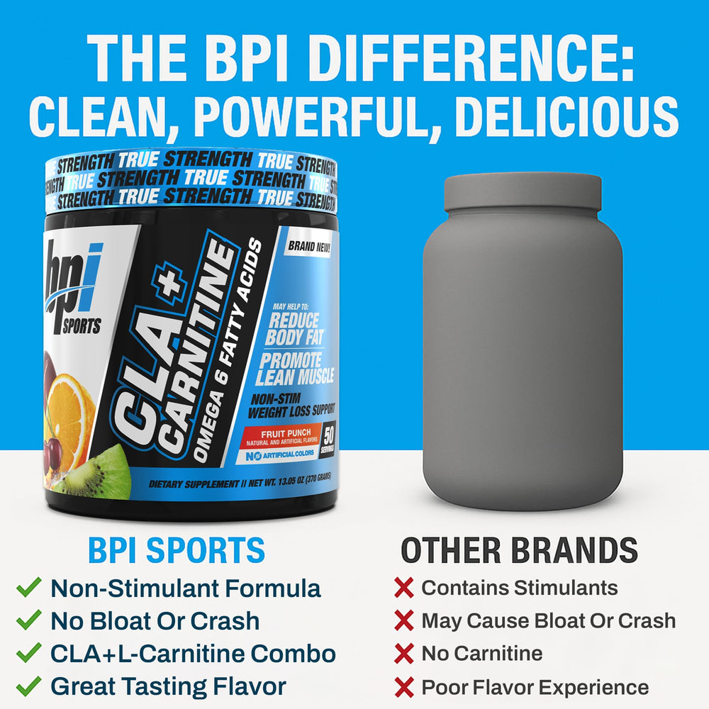 BPI Sports CLA + Carnitine fruit punch flavor suggests tasty, caffeine-free option.
