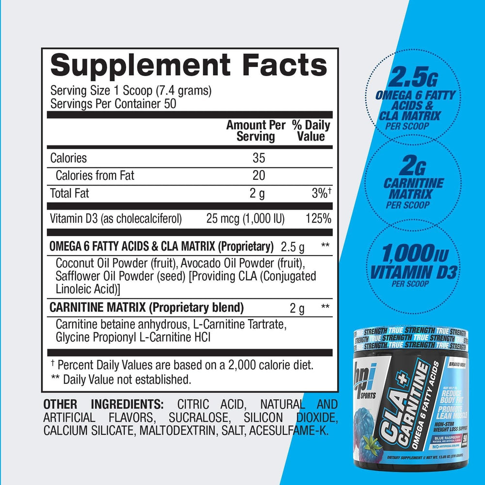 BPI Sports CLA+Carnitine ingredients panel with L-Carnitine and CLA.
