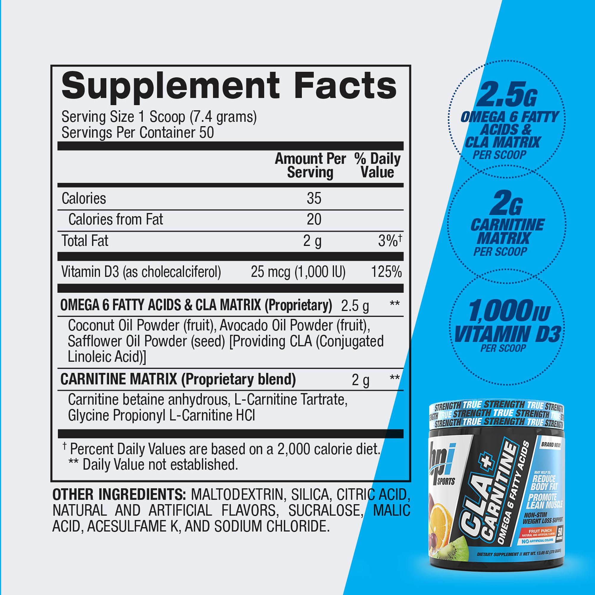 BPI Sports CLA + Carnitine label closeup highlights nutrition facts.