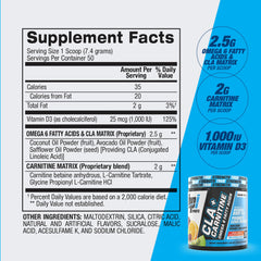 BPI Sports CLA + Carnitine label closeup highlights nutrition facts.
