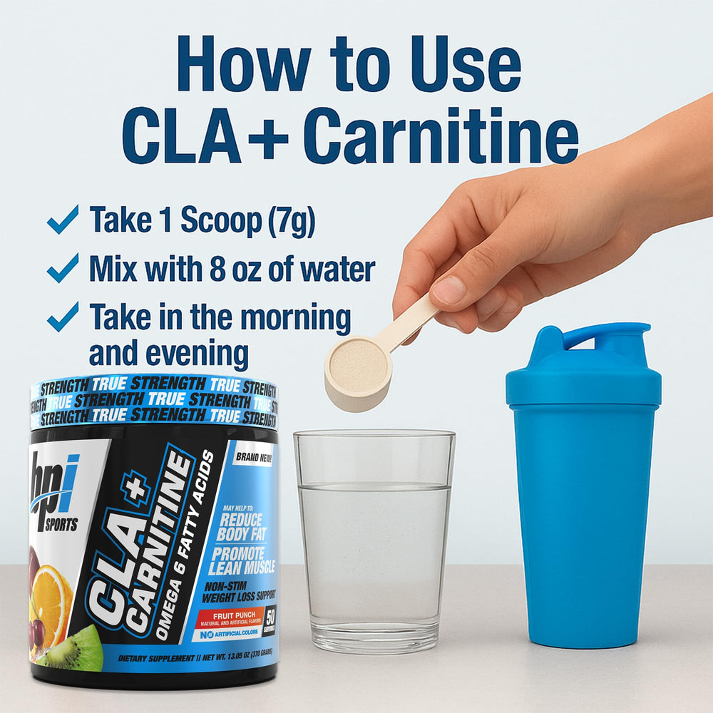 BPI Sports CLA + Carnitine packaging display shows value for 50 servings.