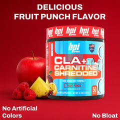 Close-up of BPI CLA Carnitine Shredded label and branding
