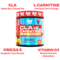 Close-up texture of BPI CLA Carnitine Shredded powder texture for energy