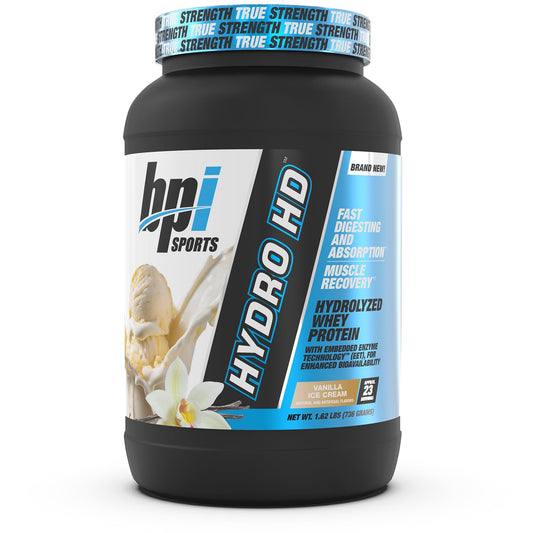 BPI Sports Hydro HD bottle and tub showing fast-absorbing protein for post-workout fueling.