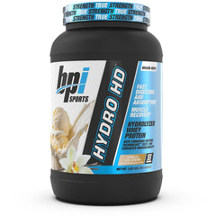 BPI Sports Hydro HD bottle and tub showing fast-absorbing protein for post-workout fueling.