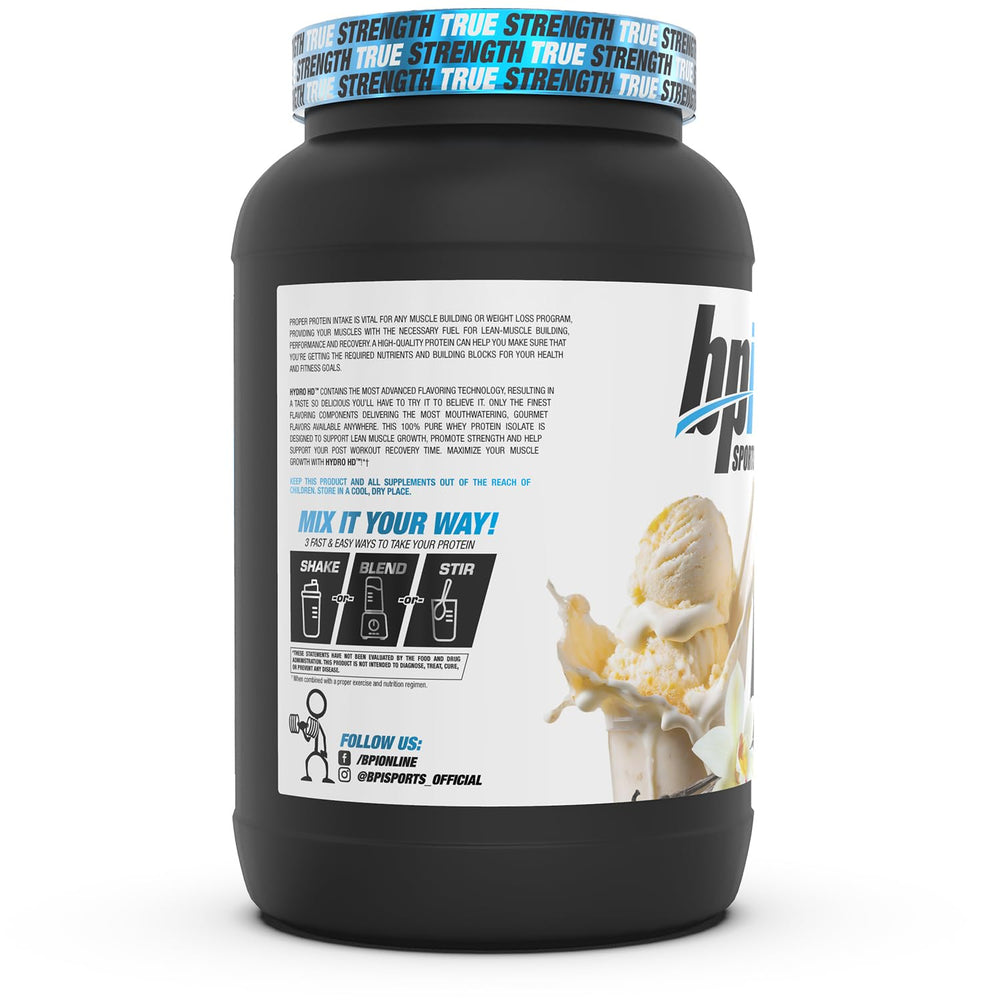 BPI Sports Hydro HD Chocolate Lava Cake flavor; rich taste with smooth mixability.