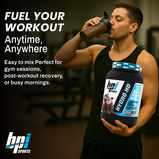 BPI Sports Hydro HD scoop dispensing into glass for fast-absorbing protein post-workout.