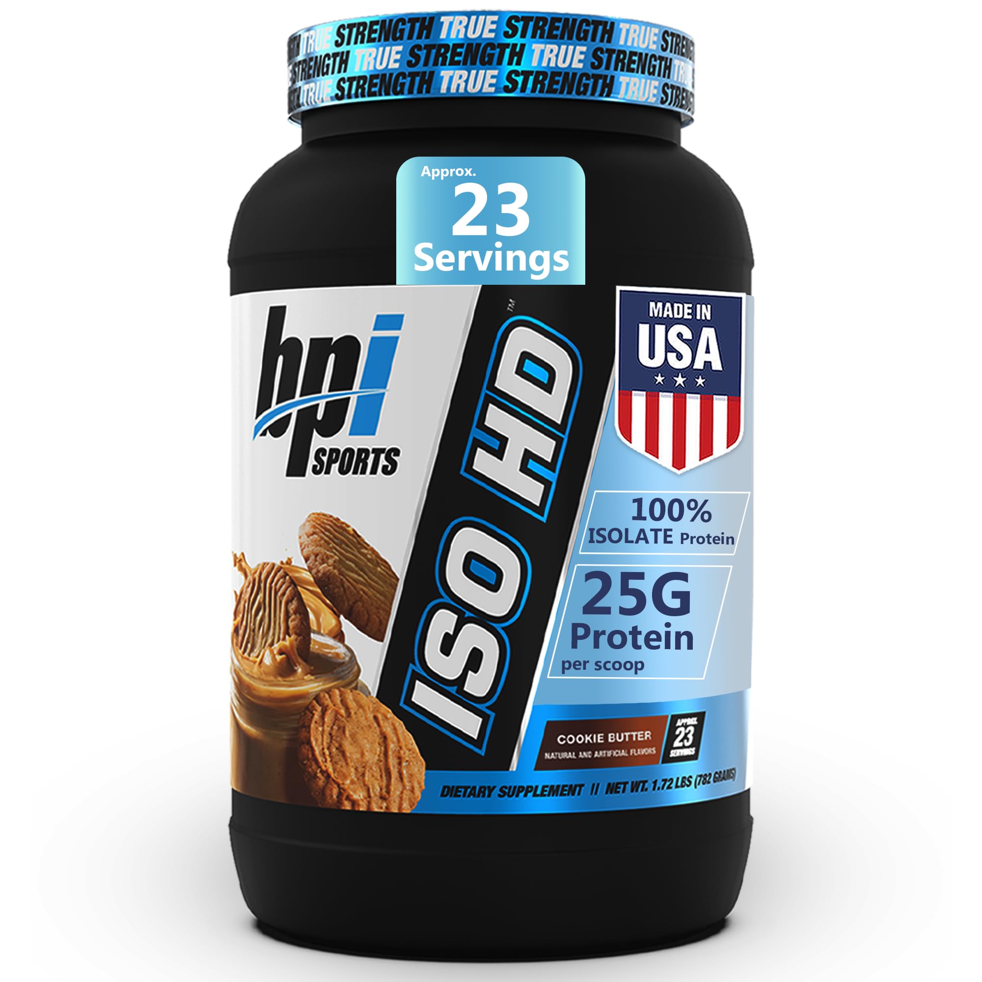 BPI Sports ISO HD bottle front with cookie butter flavor shows lean muscle growth support after workouts.