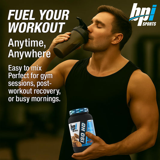 BPI Sports ISO HD cookie butter scoop highlights quick-digesting protein for post-workout recovery.